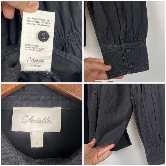 Cleobella Blakely Blouse M Black Puff Sleeve Button Down Boho Cotton Top - Picture 7 of 9